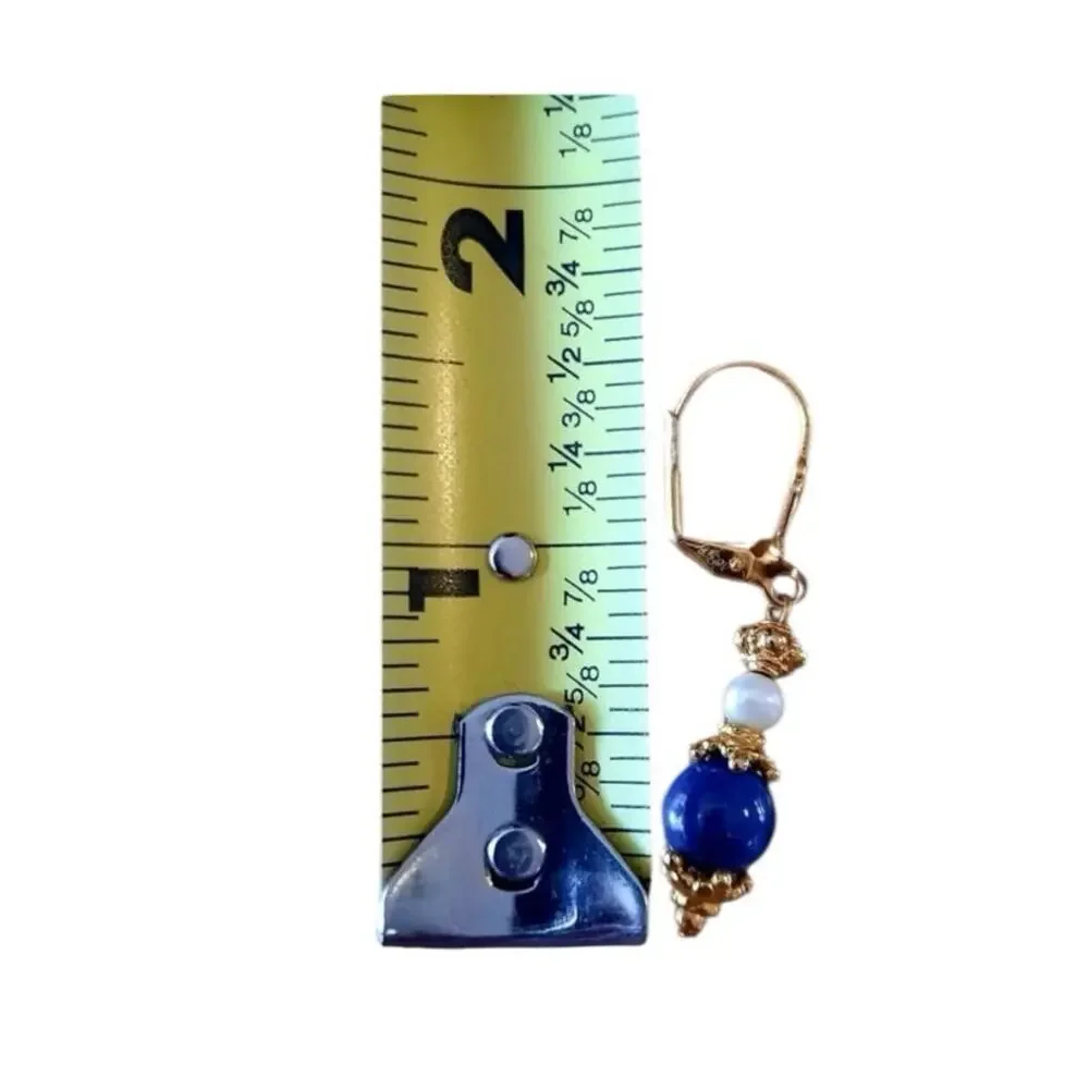 Vintage Lapis Lazuli & Freshwater Pearl Drop Earrings — Classic Blue Gem Dangle